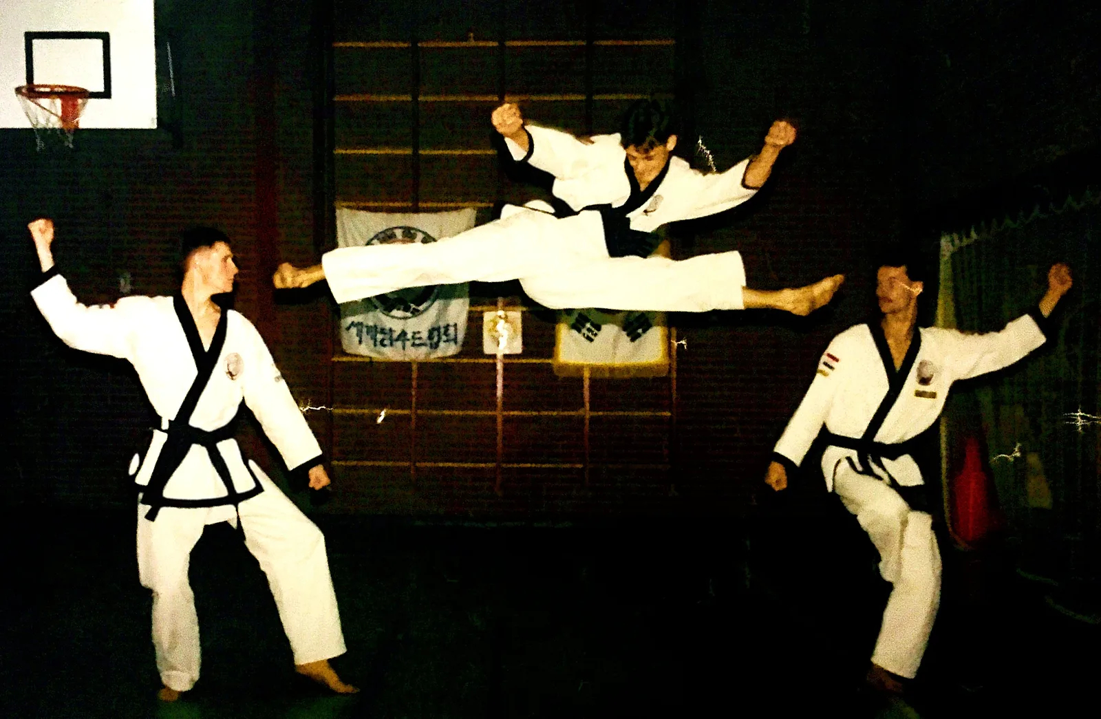 Bastiaan training a flying kick in the dojo
