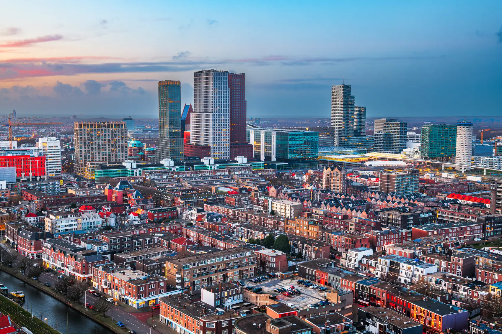 City skyline at dusk